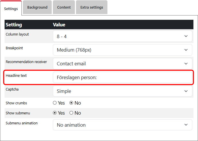 Recommendation settings