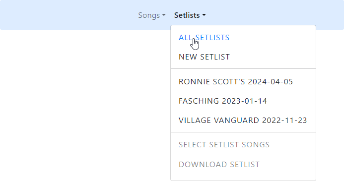 Setlists menu