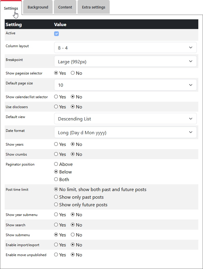 Blog settings