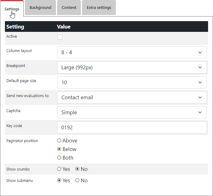 Evaluations settings