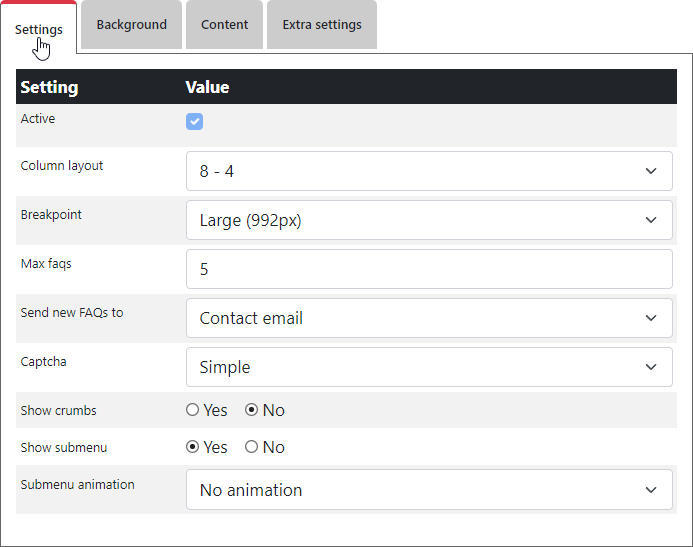 Faqs settings