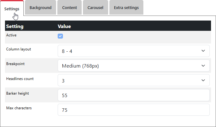 Landing headlines settings